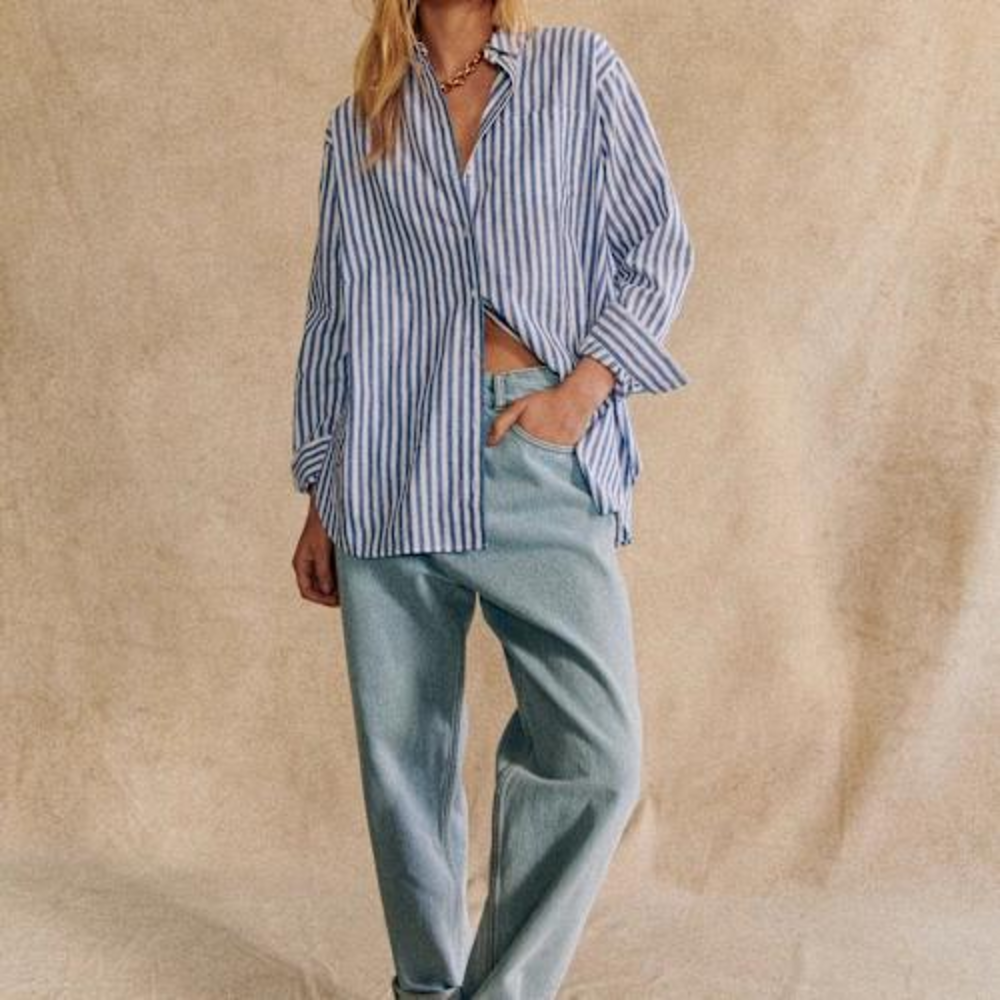 SEZANE Classic Oversized Blue & White Striped Linen Cotton Button Down Max Shirt